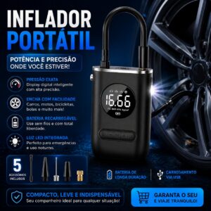 Calibrador Compressor de Ar Portátil Digital para Pneus Carro Moto Bike com LED