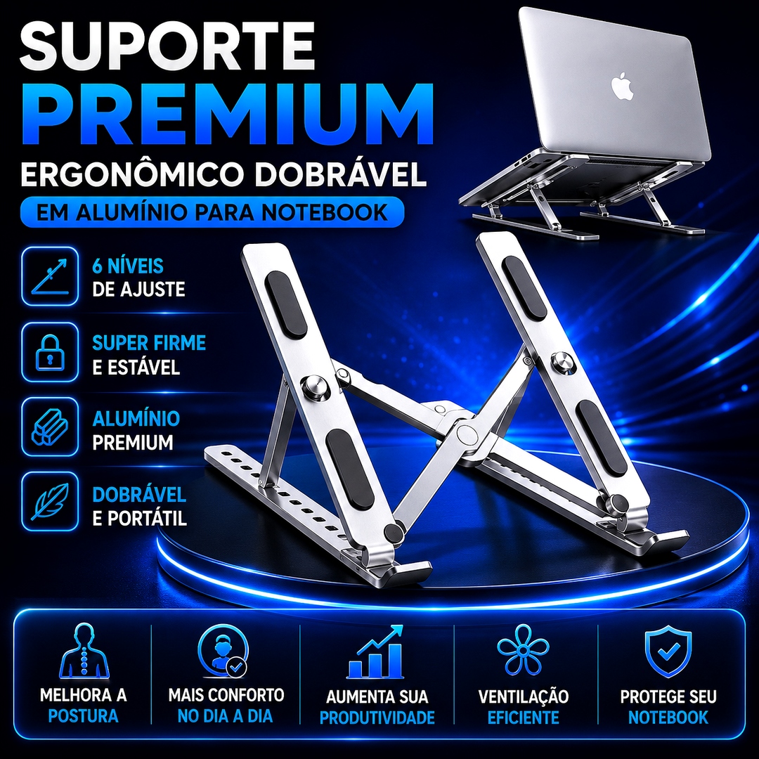 Suporte Ergonômico Ajustável para Notebook em Alumínio Dobrável 14” a 17”