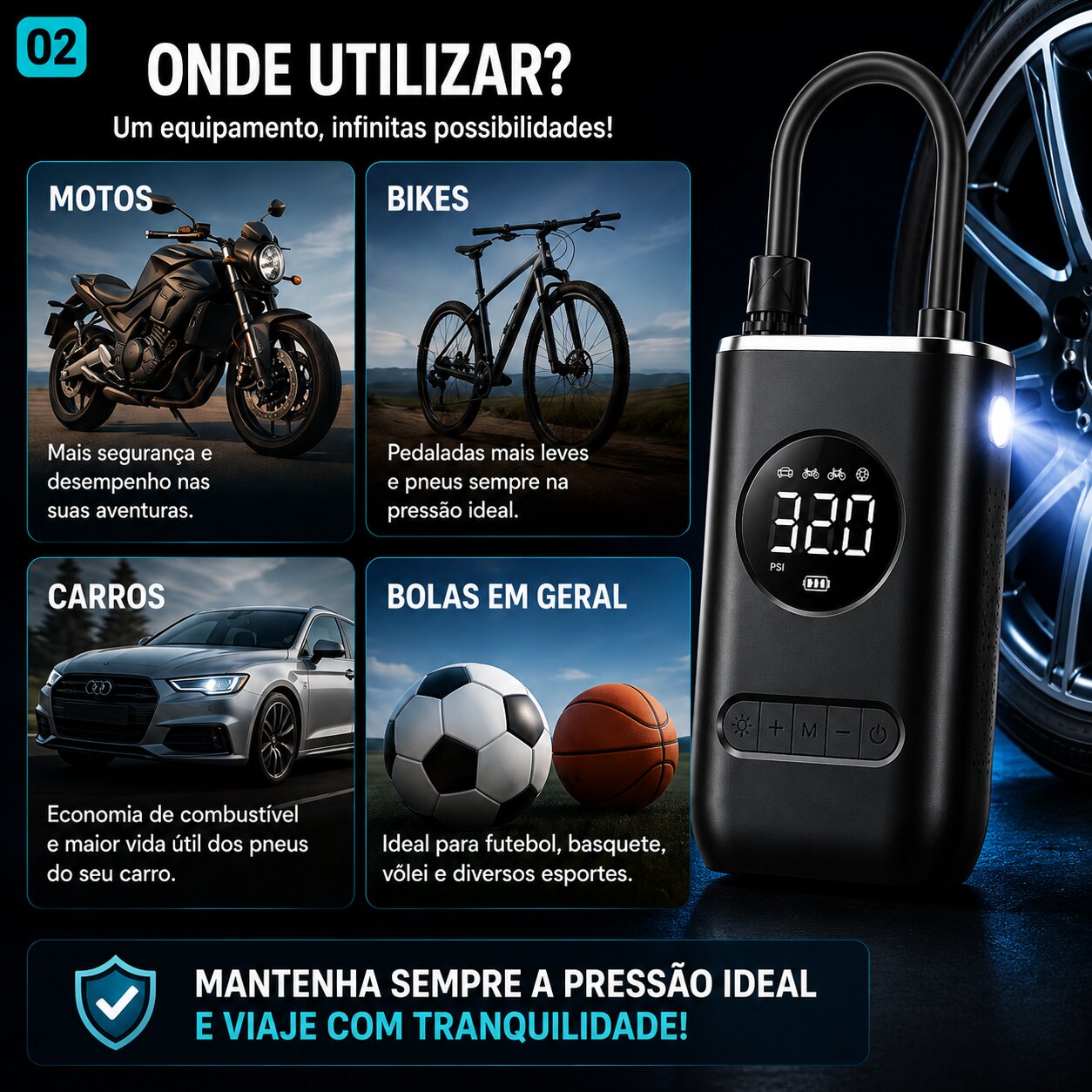 Calibrador Compressor de Ar Portátil Digital para Pneus Carro Moto Bike com LED - Imagem 2