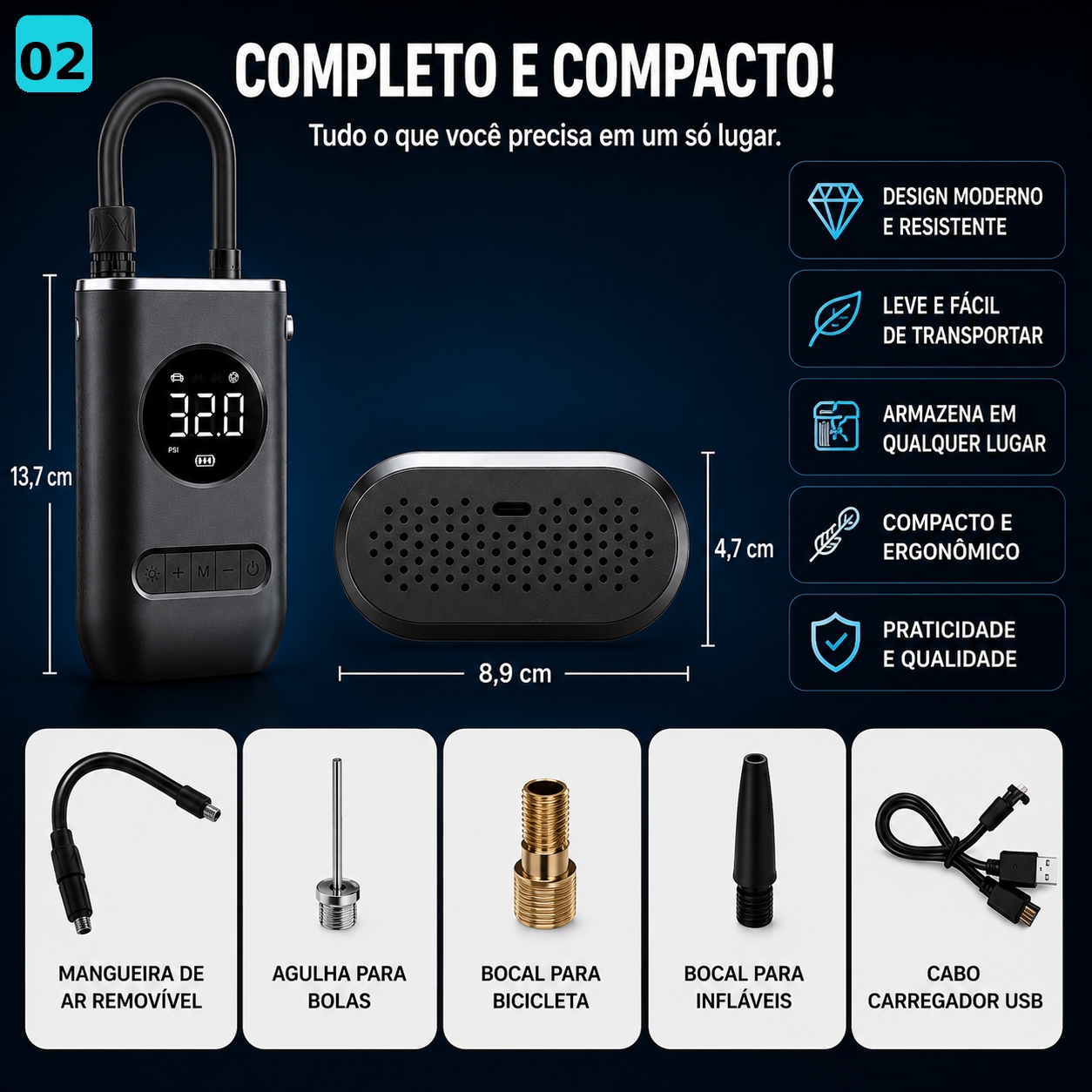 Calibrador Compressor de Ar Portátil Digital para Pneus Carro Moto Bike com LED - Imagem 3