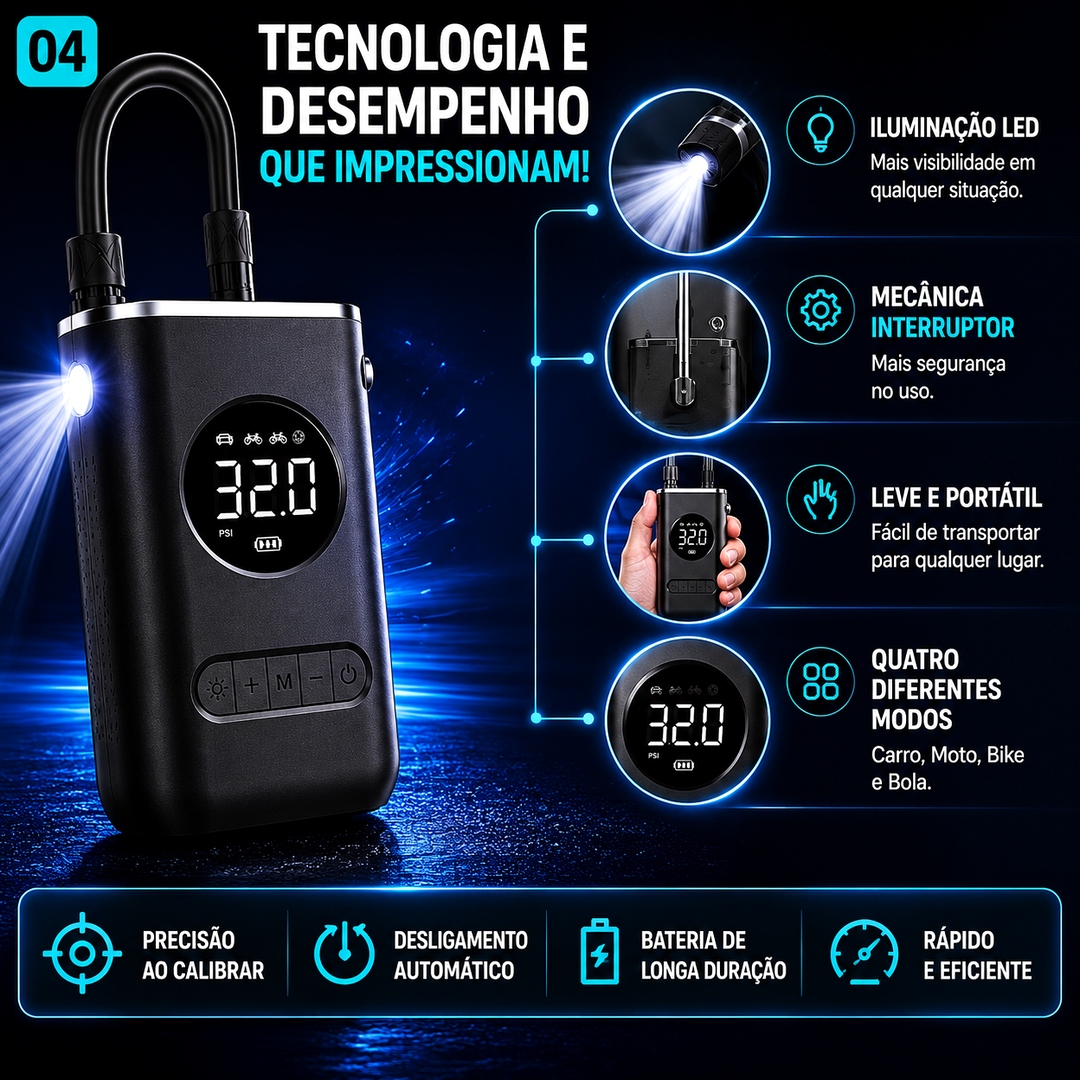 Calibrador Compressor de Ar Portátil Digital para Pneus Carro Moto Bike com LED - Imagem 4