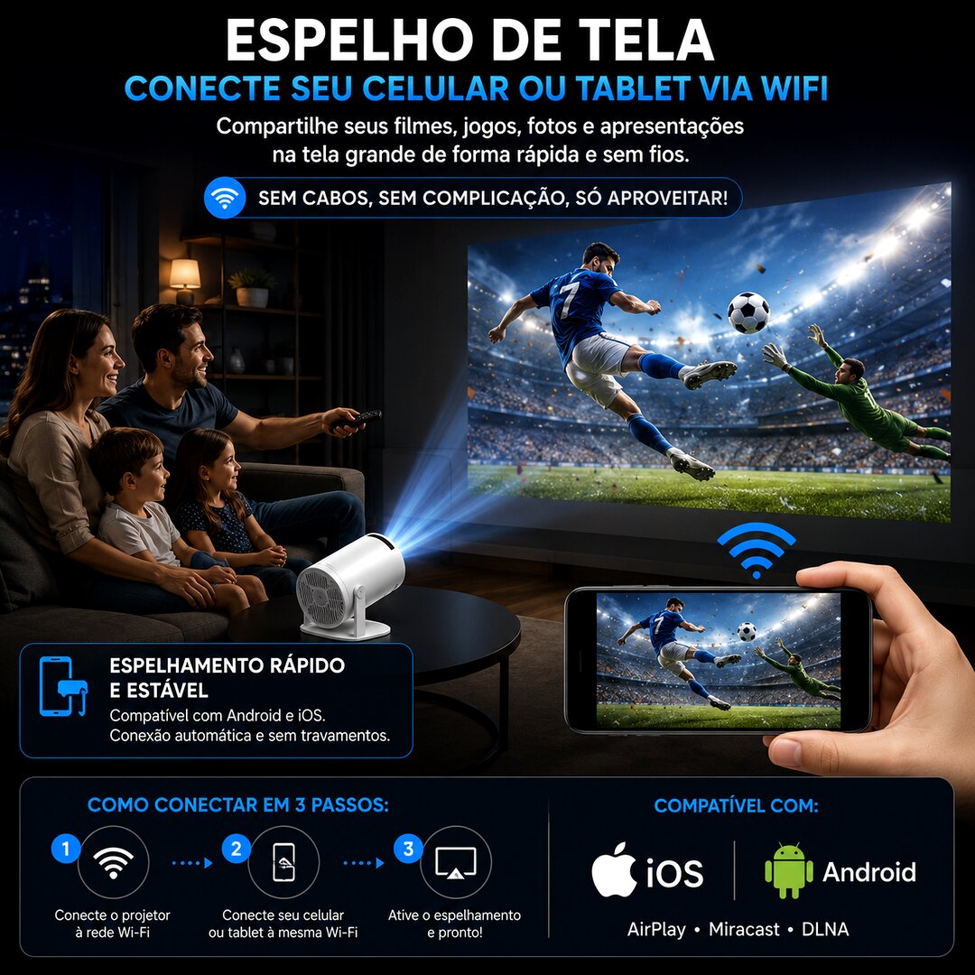 Mini Projetor Smart 4K Android 11 WiFi 6 Bluetooth Portátil Full HD 200” - Imagem 5