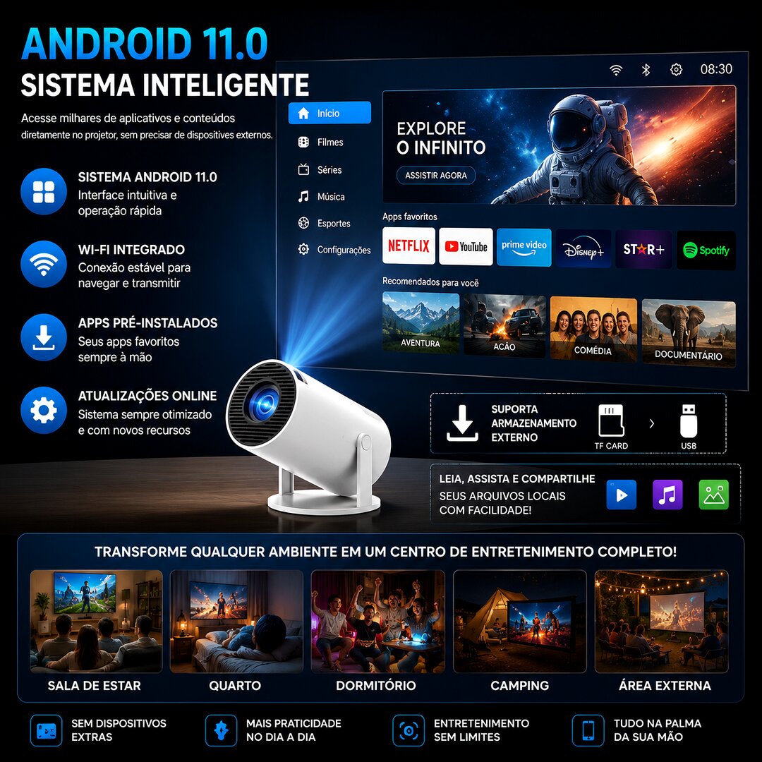 Mini Projetor Smart 4K Android 11 WiFi 6 Bluetooth Portátil Full HD 200” - Imagem 6