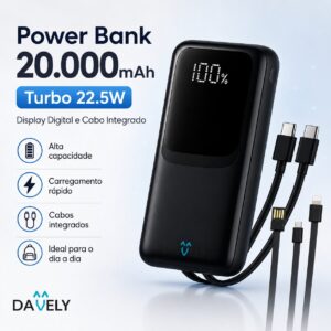Power Bank 20.000mAh Turbo 22.5W com Display Digital e Cabo Integrado