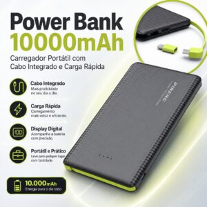 Power Bank 10000mAh Carregador Portátil com Cabo Integrado e Carga Rápida