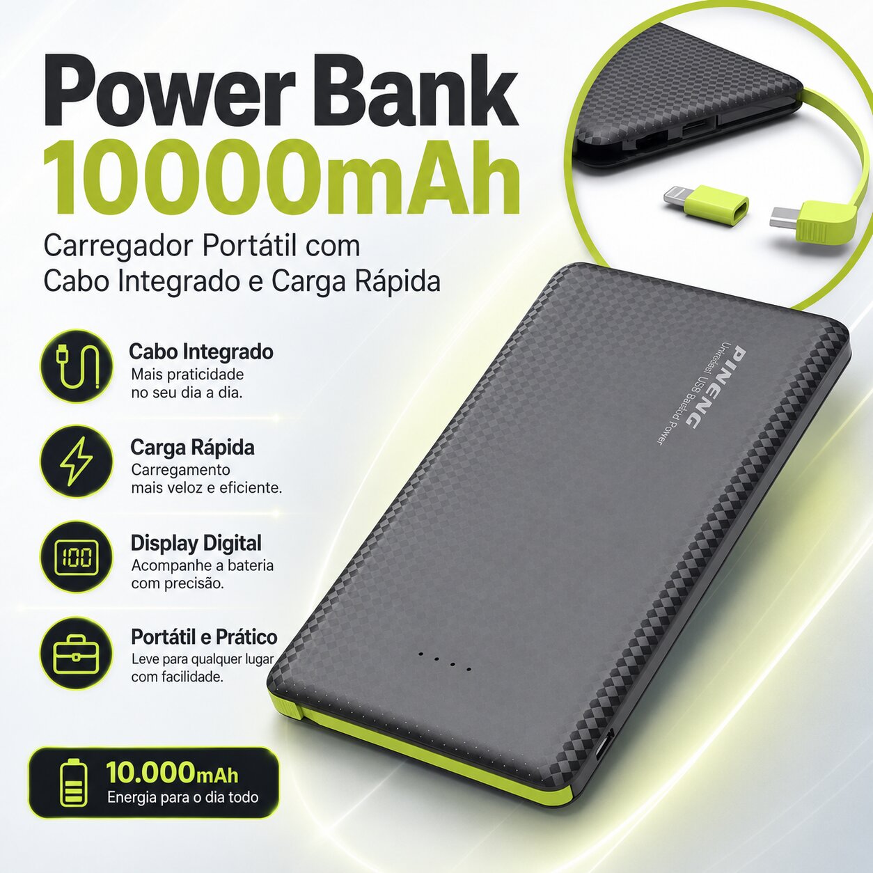 Power Bank 10000mAh Carregador Portátil com Cabo Integrado e Carga Rápida