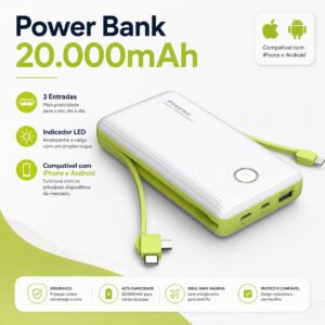 Power Bank 20.000mAh com 3 Entradas e Indicador LED Compatível com iPhone e Android