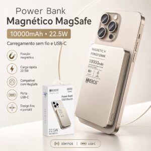 Power Bank Magnético MagSafe 10000mAh 22.5W Carregamento Sem Fio e USB-C